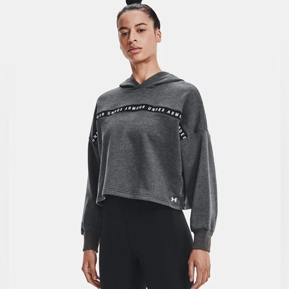 Under Armour Gray Cropped Taped Fleece Pullover Hoodie Dark Gray Size Medium